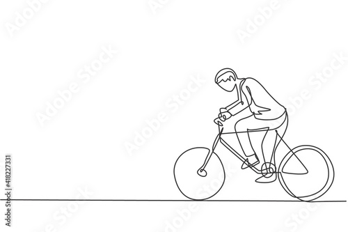 Single continuous line drawing young male worker riding bicycle to the office. Superb professional businessman work ethic. Minimalism concept dynamic one line draw graphic design vector illustration