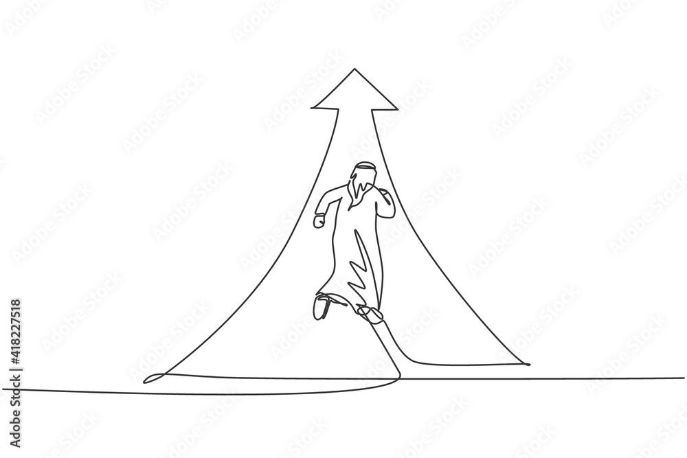 Continuous one line drawing of young Arab businessman running fast toward up arrow symbol. Business financial increase minimalist concept. Trendy single line draw design vector graphic illustration Continuous one line drawing of young Arab businessman running fast toward up arrow symbol. Business financial increase minimalist concept. Trendy single line draw design vector graphic illustration