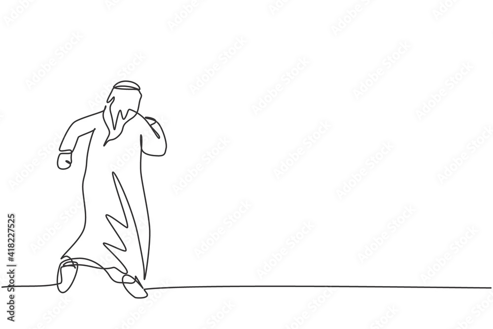 Obraz premium Single one line drawing of young Arabic businessman running fast to reach finish line. Success business growth strategy minimal concept. Modern continuous line draw design graphic vector illustration