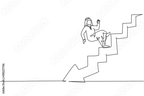 Single one line drawing of young Arabic businessman falling from stairs down to bankruptcy. Failure business strategy minimal concept. Modern continuous line draw design graphic vector illustration