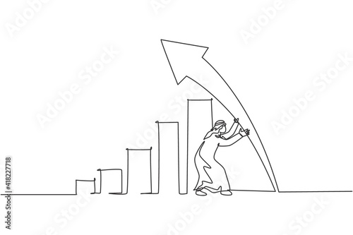 Single one line drawing of young Arabic businessman establish arrow bar sign up. Success business growth strategy minimal concept. Modern continuous line draw design graphic vector illustration