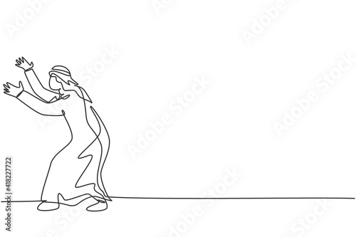Continuous one line drawing of young Arab businessman pose holding gesture, protection from business threat. Hard worker minimalist concept. Trendy single line draw design vector graphic illustration