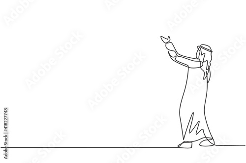 Single continuous line drawing of young Arabian businessman lifting his hands upward sky to pray to the God. Prayer worker. Minimalism concept dynamic one line draw graphic design vector illustration