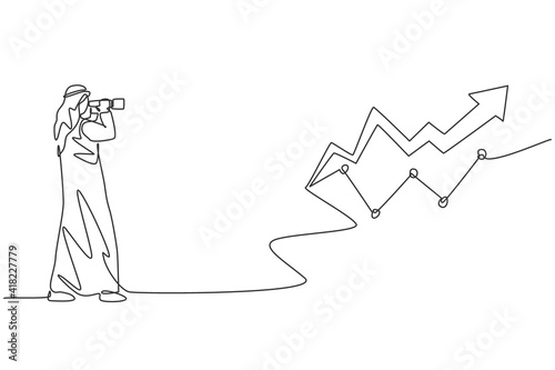 Single continuous line drawing of young Arabian businessman looking increase investment progress graph. Professional worker. Minimalism concept dynamic one line draw graphic design vector illustration
