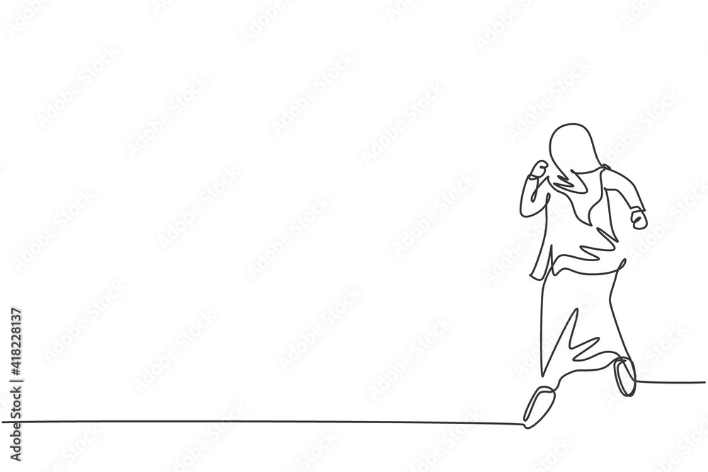Single one line drawing of young sporty Arab business woman running fast to reach finish line. Business target growth minimal concept. Modern continuous line draw design graphic vector illustration