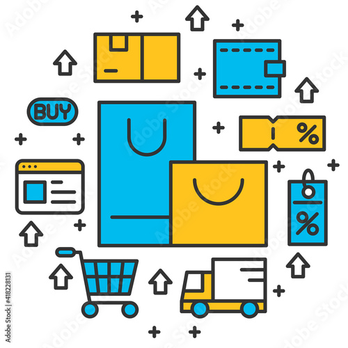 shopping online and shopping bag line vector