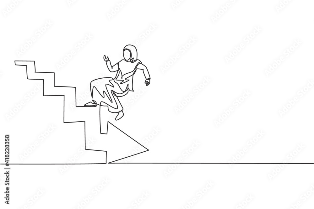 Single continuous line drawing of young beauty Arabian worker falling down from upstairs. Professional businesswoman. Minimalism concept dynamic one line draw graphic design vector illustration