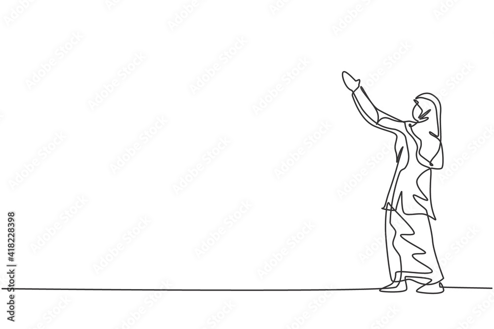 Single continuous line drawing of young beauty Arabian worker lifting hands up to the sky. Professional businesswoman. Minimalism concept dynamic one line draw graphic design vector illustration