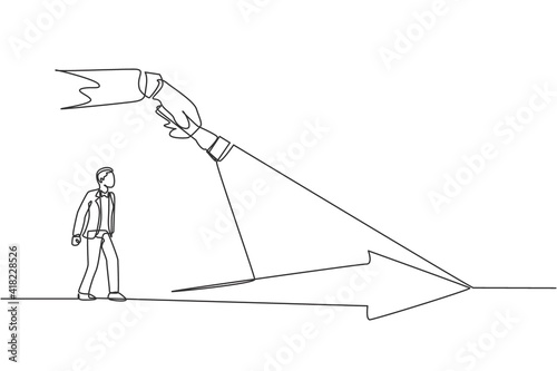 Single continuous line drawing of young entrepreneur gets the light to light his success way. Attractive professional businessman. Minimalism concept one line draw graphic design vector illustration