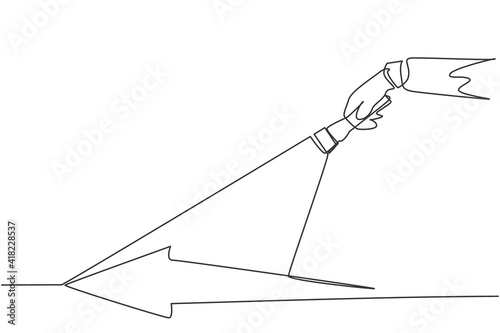 Single one line drawing of young smart male employee light the arrow path way using flashlight. Business way of success minimal concept. Modern continuous line draw design graphic vector illustration