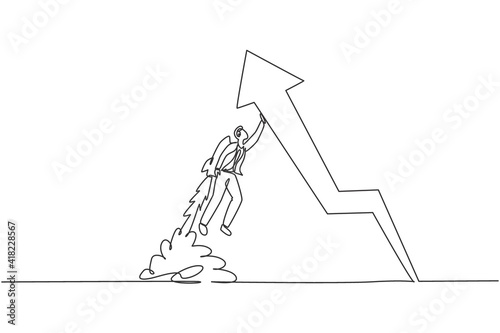 Continuous one line drawing young businessman flying with jetpack to straightening the up arrow symbol. Success business manager minimalist concept. Single line draw design vector graphic illustration