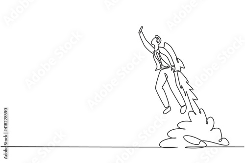 Continuous one line drawing of young handsome male worker flying high using jetpack machine. Success business manager minimalist concept. Trendy single line draw design vector graphic illustration