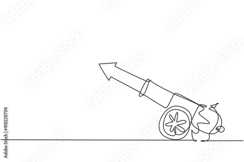 Single one line drawing of cannon ball weapon with arrow symbol bullet missile. Business finance growth minimal concept. Modern continuous line draw design graphic vector illustration