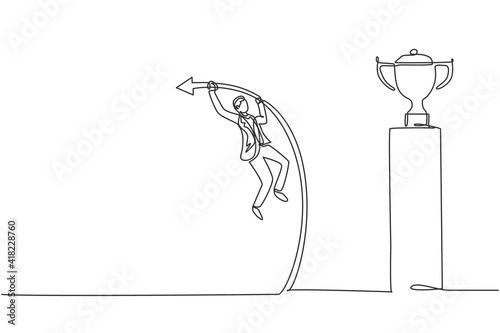 Continuous one line drawing young handsome male worker jumping using pole vault to reach trophy. Success business manager minimalist concept. Trendy single line draw design vector graphic illustration