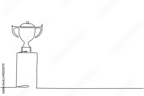 Single one line drawing of gold winning trophy on podium. Tournament champion achievement appreciation minimal concept. Modern continuous line draw design graphic vector illustration