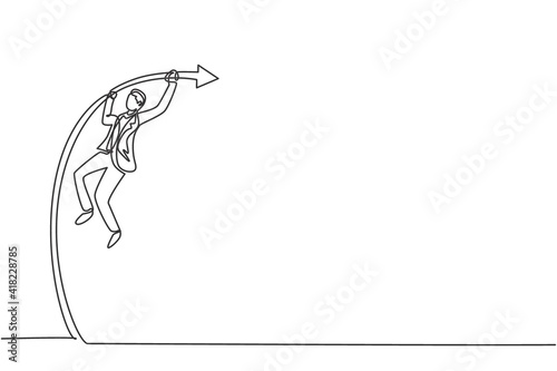 Single continuous line drawing of young business man jumping high on pole vault arena. Attractive professional businessman. Minimalism concept dynamic one line draw graphic design vector illustration