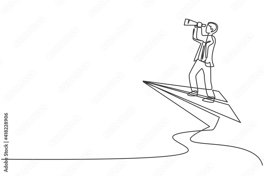 Single continuous line drawing young business man flying with paper ...