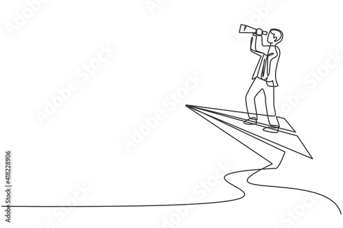 Single continuous line drawing young business man flying with paper airplane to analyze business growth. Professional businessman. Minimalism concept one line draw graphic design vector illustration