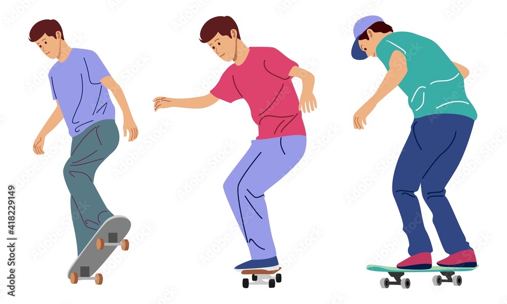 Set of boy Skateboarding in Park, Vector Illustration of a teenager playing skateboard