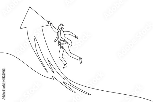 Single continuous line drawing of young business man holding on the up arrow symbol. Attractive professional businessman. Minimalism concept dynamic one line draw graphic design vector illustration
