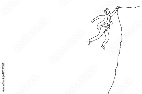 Continuous one line drawing of young struggling male worker holding on the edge of the cliff. Fighter business manager minimalist concept. Trendy single line draw design vector graphic illustration