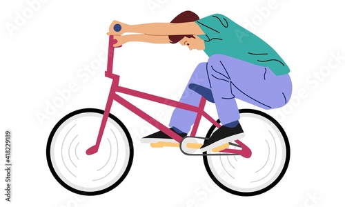 Young boy showing off freestyle trick with bicycle. Vector flat illustration concept
