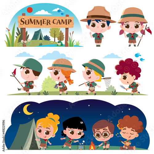 Vector illustration of Scout kids character. Summer camp scouts. Summer camp kids