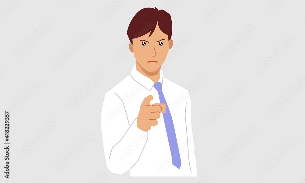 Young businessman pointing a finger. Vector flat illustration