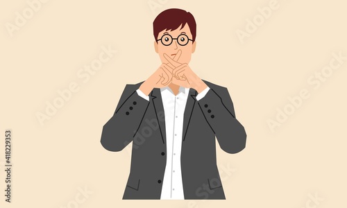 Man asking silence. Silence please. Man shut his mouth. Vector flat illustration