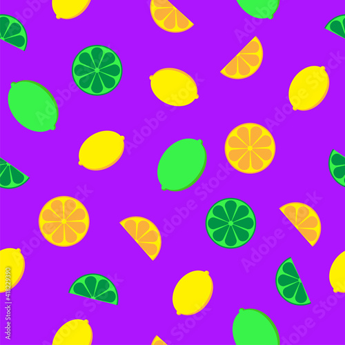 Bright colorful lemon, lime, orange pattern on a purple background. For paper, cover, fabric, interior decor and other users.