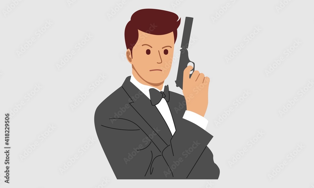 Secret agent, spy, policeman, detective, security guard with a gun. Design flat vector illustration Secret agent, spy, policeman, detective, security guard with a gun. Design flat vector illustration