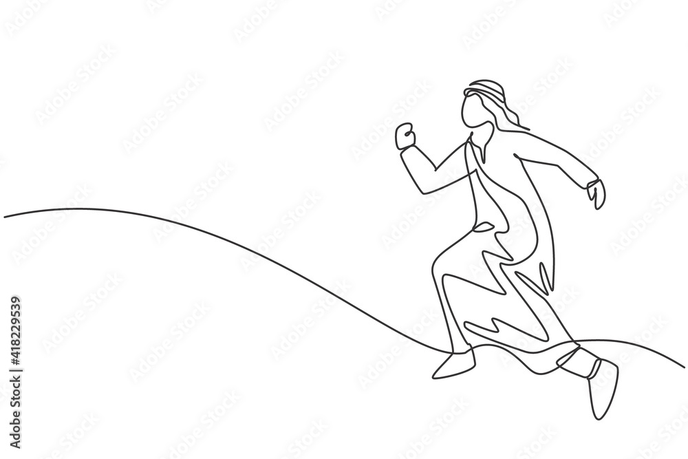 Obraz premium Single continuous line drawing of young Arabic businessman far jumping leap to reach business goal. Smart visionary manager. Minimalism concept dynamic one line draw graphic design vector illustration