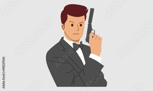 Secret agent, spy, policeman, detective, security guard with a gun. Design flat vector illustration