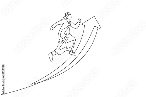 Continuous one line drawing of young Arabic male worker jumping high to reach increasing sales target. Success business manager minimalist concept. Single line draw design vector graphic illustration