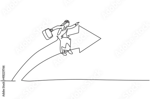 Single one line drawing of young Arabic male entrepreneur riding arrow symbol and flying to the sky. Business growth minimal concept. Modern continuous line draw design graphic vector illustration