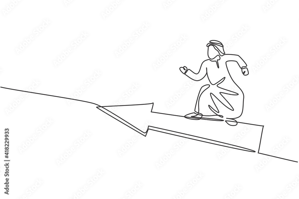 Single one line drawing of young Arabian male entrepreneur flying with forward arrow symbol. Fast business growth minimal concept. Modern continuous line draw design graphic vector illustration