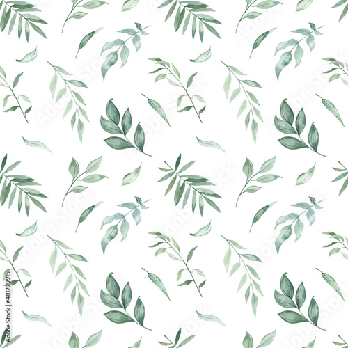 Watercolor seamless pattern with greenery  palm leaves  branches  on a white background