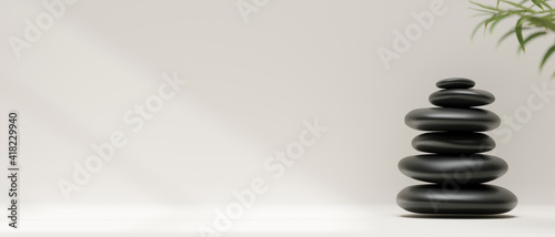 3D rendering, stack of black pebbles or stones on white background and copy space, 3D illustration