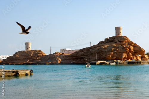 Old Watch Towers On Rocks At The Harbour Gate In Sur, Sultanate Of Oman © Stockfotos
