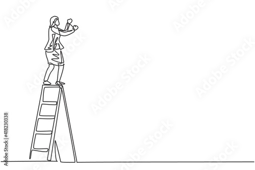 Single continuous line drawing of young female manager climb ladder to fix lamp at the office. Professional businesswoman. Minimalism concept dynamic one line draw graphic design vector illustration