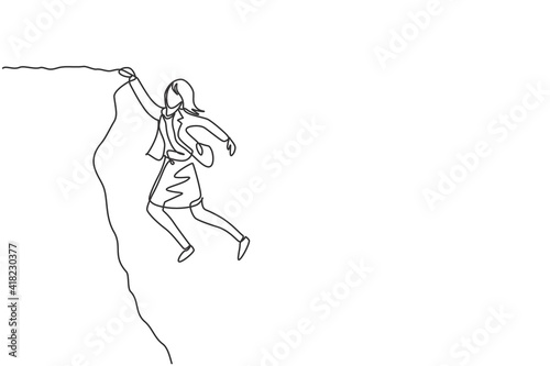 Continuous one line drawing of young female worker struggling and holding edge of cliff. Success business challenge minimalist concept. Trendy single line draw design vector graphic illustration