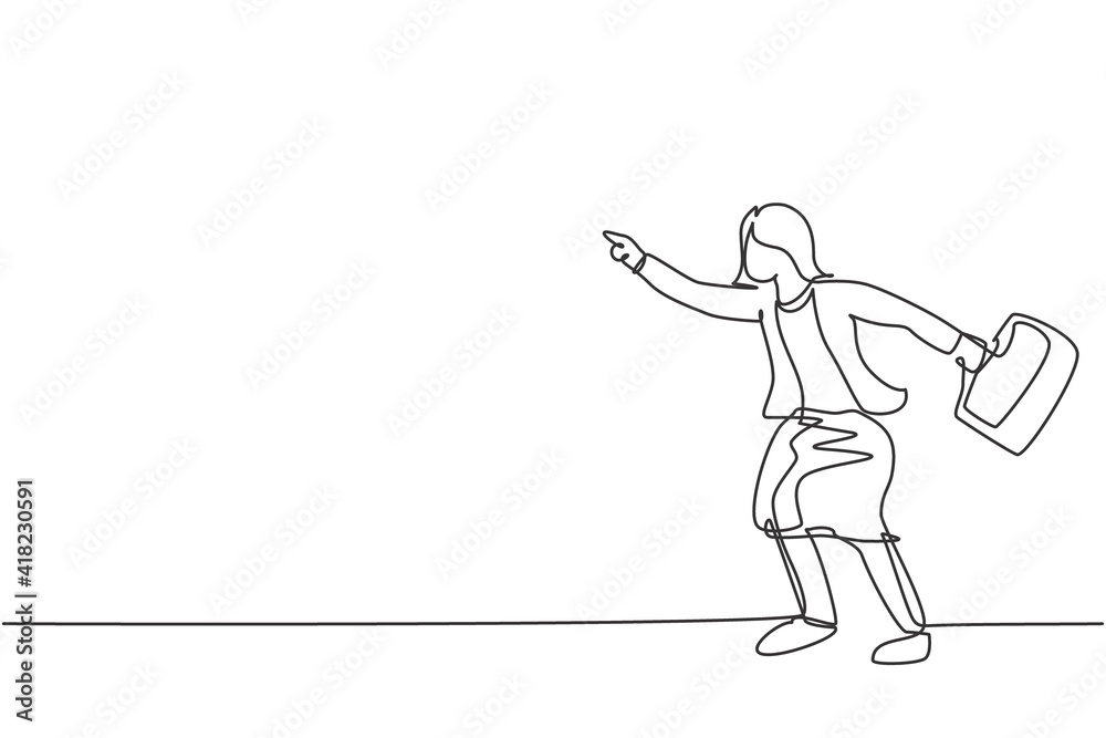 Continuous one line drawing of young angry female worker pointing finger to her colleague. Emotional business manager minimalist concept. Trendy single line draw design vector graphic illustration