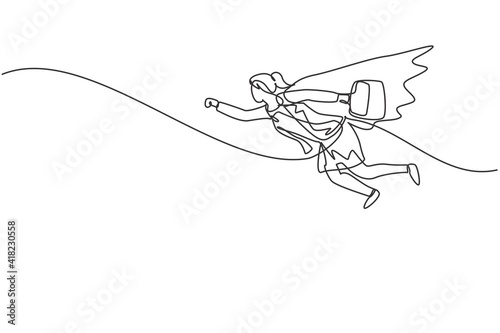 Continuous one line drawing young female worker flying high in the sky while holding briefcase. Success business manager minimalist concept. Trendy single line draw design vector graphic illustration