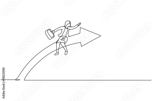 Single one line drawing of young smart business woman flying ride forward arrow to reach target. Business sales growth minimal concept. Modern continuous line draw design graphic vector illustration