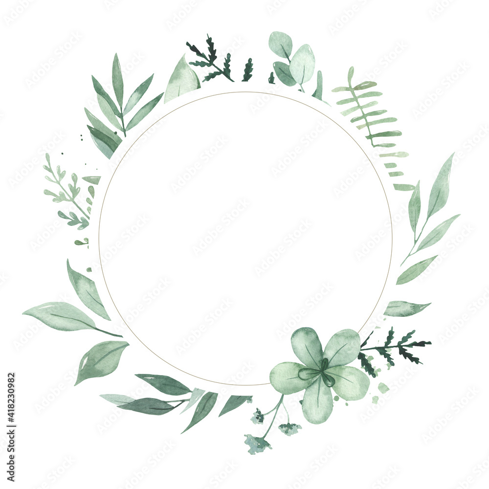 Watercolor round frame with greenery, green leaves, foliage, berries, fern
