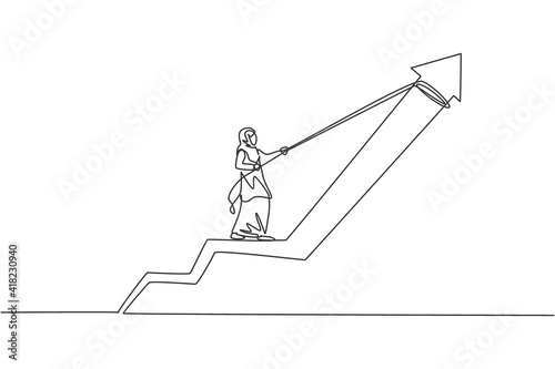 Single continuous line drawing young professional female Arab entrepreneur pulling increase growth arrow with rope. Minimalism metaphor concept dynamic one line draw graphic design vector illustration