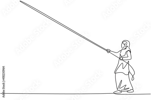 Single continuous line drawing of young professional female Arab entrepreneur pulling the rope to reach the target. Minimalism metaphor concept dynamic one line draw graphic design vector illustration