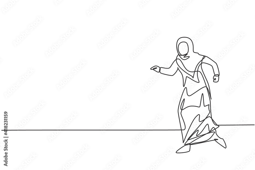Single one line drawing young Arabian businesswoman walking with confidence go to the office. Business financial growth minimal concept. Modern continuous line draw design graphic vector illustration Single one line drawing young Arabian businesswoman walking with confidence go to the office. Business financial growth minimal concept. Modern continuous line draw design graphic vector illustration
