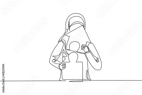 Single one line drawing of young Arabian businesswoman build puzzle into up house building. Business financial growth minimal concept. Modern continuous line draw design graphic vector illustration