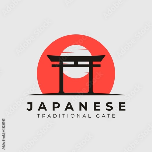 japanese sunset torii gate icon logo vector illustration design